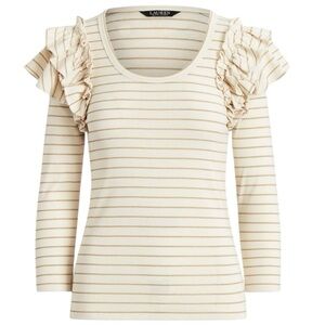 Lauren Ralph Lauren Metallic Striped Ruffle Trim Knit Top Cream Gold 2X NWT
